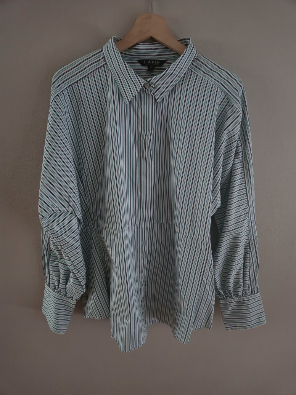 Lauren Ralph Lauren Women's 2X Blue Green Striped Button Front Blouse Plus Size